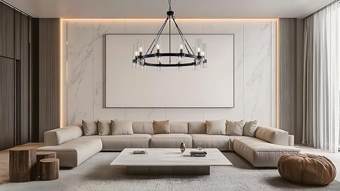 32 Inch Black Wagon Wheel Chandelier with Glass Shade, 10 Lights, Modern Farmhouse Style, Ideal for Dining Room, Kitchen, Entryways
