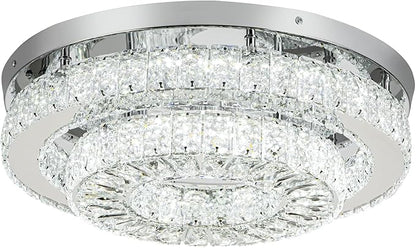 HOPGGIE 18 Inch Crystal Chandelier with Remote Control 2 Tier Flush Mount Ceiling Light Fixture LED Chandelier Light for Living Room Bedroom Dining Room Closet (dimmable)