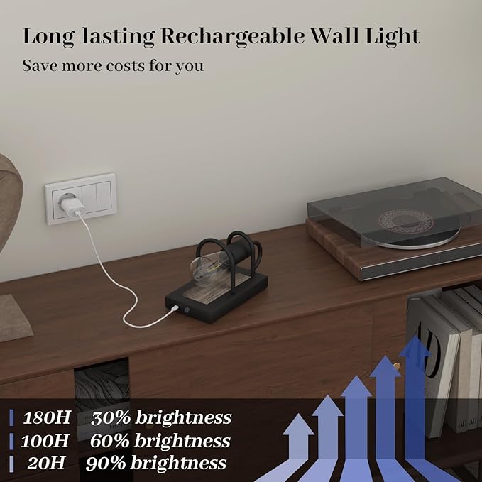 Battery Operated Wall Sconce Set of 2, Wireless Wall Lights with Remote Control, Dimmable 3 Color Temperatures, Rechargeable Wall Sconce with Vintage Faux-Wood Finish for Bedroom Living Room