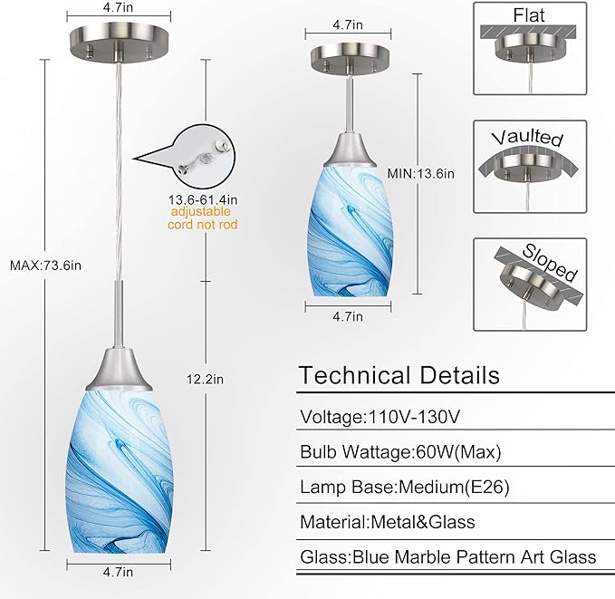 Viinew Mini Glass Pendant Light 1-Pack with Handblown Blue Marble Art Oval Glass Lamp Ceiling Hanging Light 4.72" Small Chandelier for Dining Room Kitchen Foyer Hallway