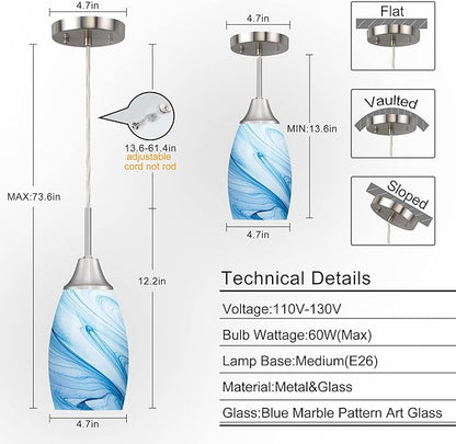 Viinew Mini Glass Pendant Light 1-Pack with Handblown Blue Marble Art Oval Glass Lamp Ceiling Hanging Light 4.72" Small Chandelier for Dining Room Kitchen Foyer Hallway