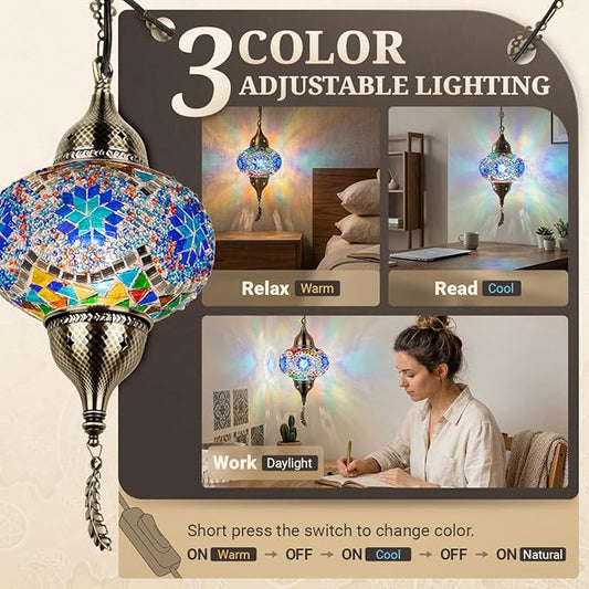 Turkish Moroccan Mosaic Pendant Light - Handcrafted Tiffany Style Swag Lamp with 15ft Cord, Vintage Glass Ceiling Fixture Lighting for Mediterranean Decor (Blue1)