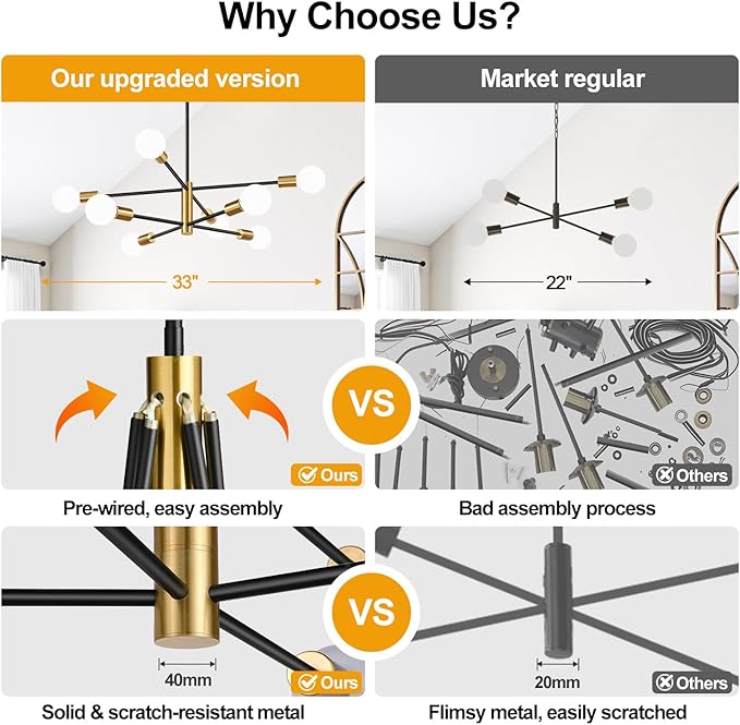 MQMQA Sputnik Chandeliers Dining Room Light Fixture (8-Light, 30-Inch), Modern Brushed Gold and Black Chandelier, Height Adjustable Mid Century Modern Chandeliers for Dining Room (Bulbs Not Included)