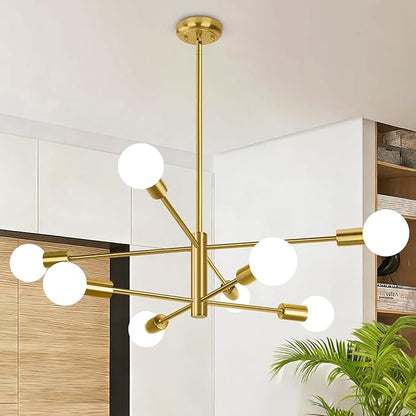 BesLowe 8-Light Modern Sputnik Chandelier, Mid Century Gold Chandeliers Lighting, Farmhouse Ceiling Hanging Light Fixture for Dining Room Bedroom Living Room Kitchen Foyer, Height Adjustable