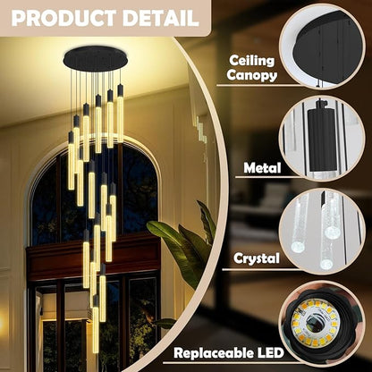 Luxurious K9 Crystal Chandelier,16-Light Large Modern Crystal Column Chandelier,Crystal Drop High Ceiling Pendant Light Fixture for Home Hotel Store