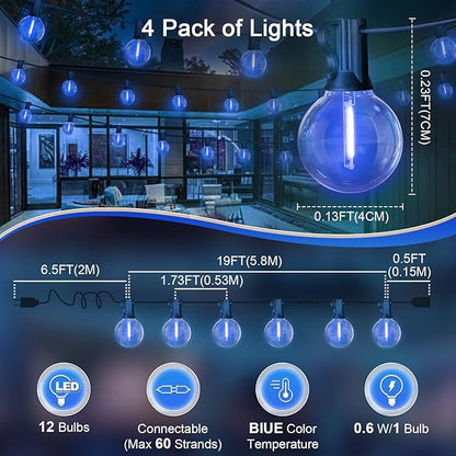 LAMPHOME LED Outdoor String Lights, 4 Pack 26FT Patio Lights with 12+1 Edison Shatterproof Bulbs(1 Spare), UL Waterproof Connectable Dimmable Outside Lights for Hanukkah, Backyard Porch Decor, Blue