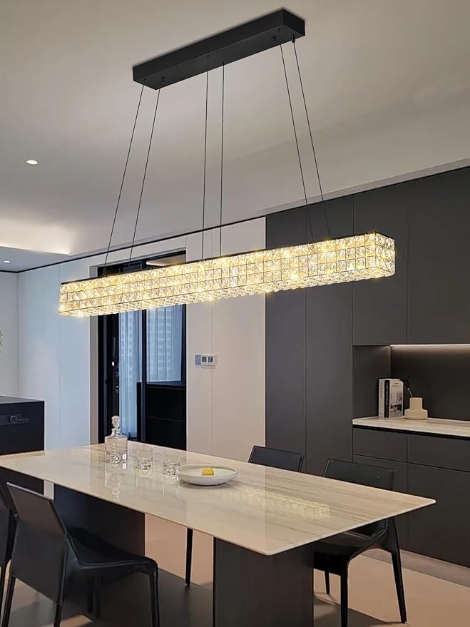 ykolupty 48inch Black Linear Crystal Chandelier, Modern Rectangular Crystal LED Pendant Light,Linear Crystal Chandelier for Dining Room Kitchen Island Living Room