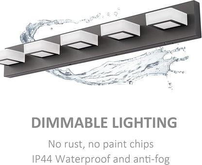 Ralbay Dimmable Matte Black Vanity Light Modern 5 Lights Acrylic Stainless Steel Vanity Wall Light Over Mirror Long LED Modern Bathroom Vanity Lighting Fixtures