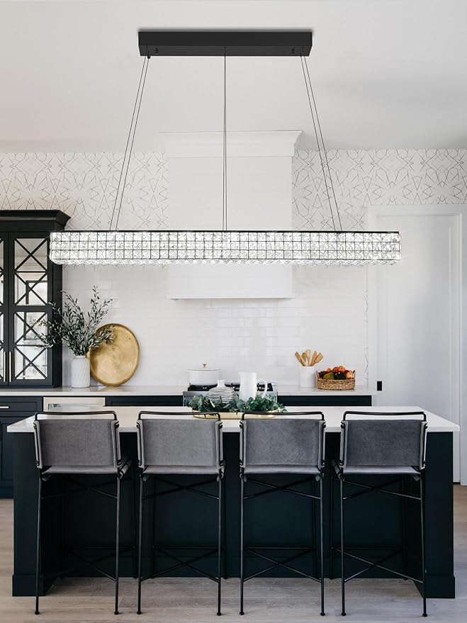 ykolupty 48inch Black Linear Crystal Chandelier, Modern Rectangular Crystal LED Pendant Light,Linear Crystal Chandelier for Dining Room Kitchen Island Living Room
