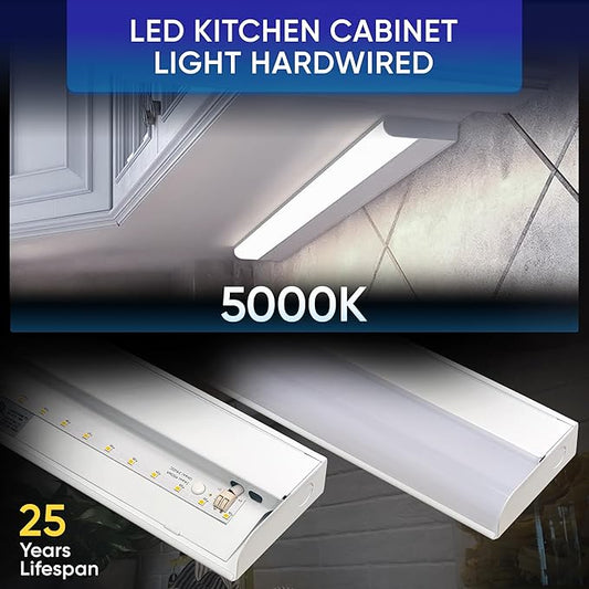 Hardwired LED Under Cabinet Task Lighting - 16 Watt, 24", Dimmable, CRI>90, 5000K (Day Light), Wide Body, Long Lasting Metal Base with Frost Lens Under Counter Light for Kitchen