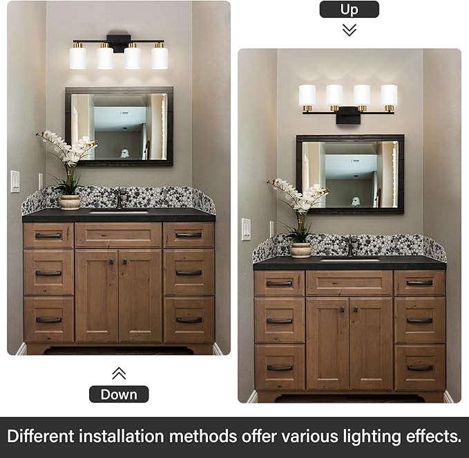 FonmYim Black and Gold Bathroom Light Fixtures, 4-Light Modern Vanity Light Over Mirror, Wall Sconces with Milky White Frosted Glass Shades, E26 Socket (Bulbs Not Included)