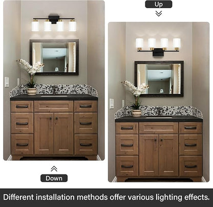 FonmYim Black and Gold Bathroom Light Fixtures, 4-Light Modern Vanity Light Over Mirror, Wall Sconces with Milky White Frosted Glass Shades, E26 Socket (Bulbs Not Included)