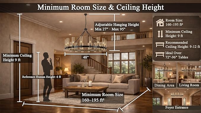 48 Inch Black Wagon Wheel Chandelier with Glass Shade, 16 Lights, Modern Farmhouse Style, Ideal for Dining Room, Kitchen, Entryways