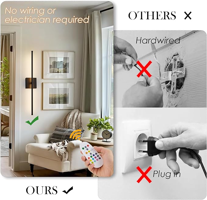 KARTOOSH 32.2 Inch 9 RGB Color Battery Operated Wireless Wall Sconces Set of Two, with Remote, Dimmable, Warm/Natural White/Daylight, Rotatable, LED Wall Light for Living Room, Bedroom, Black