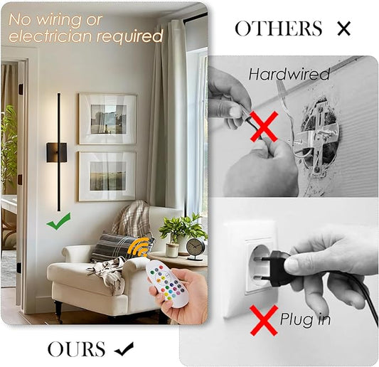 KARTOOSH 24.4 Inch 9 RGB Color Battery Operated Wireless Wall Sconces Set of Two, with Remote, Dimmable, Warm/Natural White/Daylight, Rotatable, LED Wall Light for Living Room, Bedroom, Black