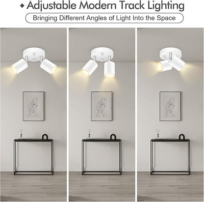 2 Light Track Lighting Fixtures Ceiling, Matte White Round Directional Ceiling Spotlight, GU10 Flush Mount Track Fixture, Flexibly Rotatable Light Head for Kitchen/Living Room, Bulb Not Included