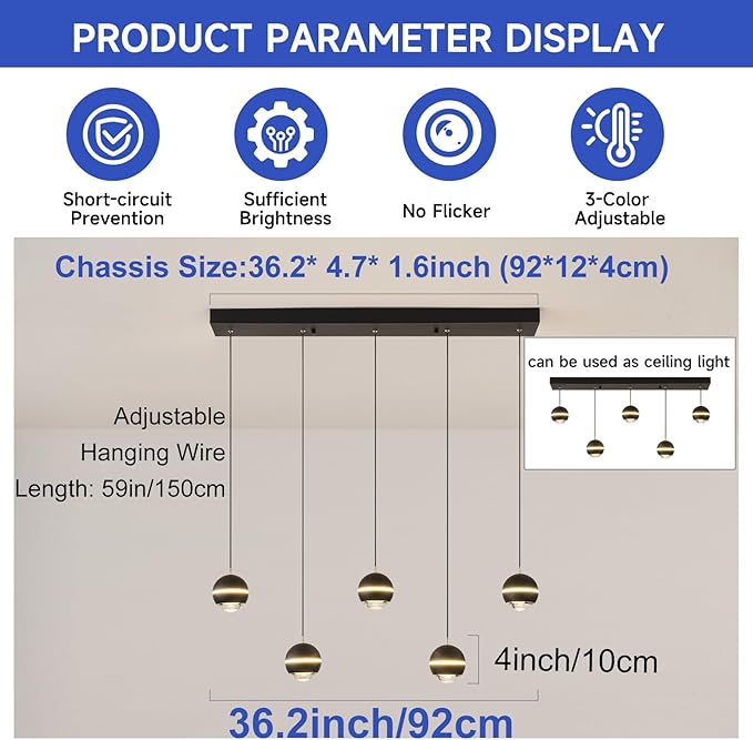 ORANOOR Modern LED Pendant Lights, Dimmable 36in Crystal Globe LED Chandelier Lighting, Black & Gold Dining Room Hanging Light Fixtures Kitchen Island Linear Pendant Light for Dining Table (3500lm)