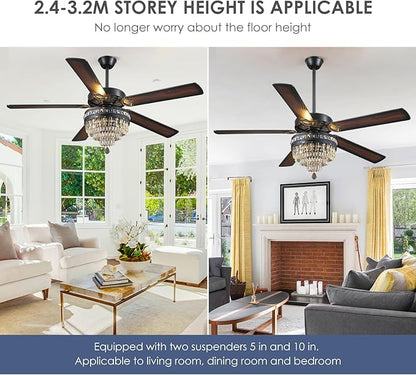 Asyko 62" Crystal Ceiling Fan Fandelier with Lights - Black Modern Crystal Chandelier Fans with Remote Control，Noiseless DC Motor, Retro/Farmhouse Lighting, Dining Room， Living Room