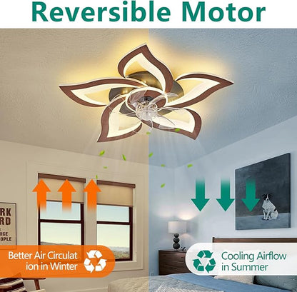 24" Wood Geometric Ceiling Fan with Lights Remote Control, Low Profile Ceiling Fan with Light for Kitchen Bedroom Living Room