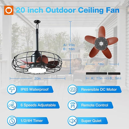addlon 20 Inch Outdoor Ceiling Fan with Light for Patio, IP65 Waterproof Plug in Caged Hanging Fan, Remote Control, 3 CCT, 6 Speeds Reversible Outdoor Fan for Gazebo, Pergola, Porch