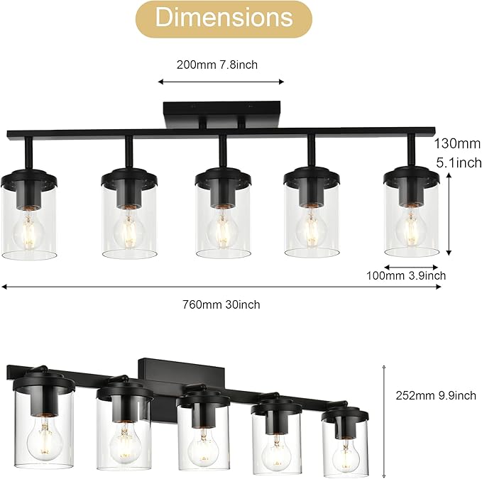 BONLICHT 5 Light Spotlight Track Lighting Modern Semi Flush Mount Ceiling Light Industrial Vintage Black Wall Sconce Vanity Light Fixtures Farmhouse Bathroom Wall Mount Lights with Clear Glass Shade
