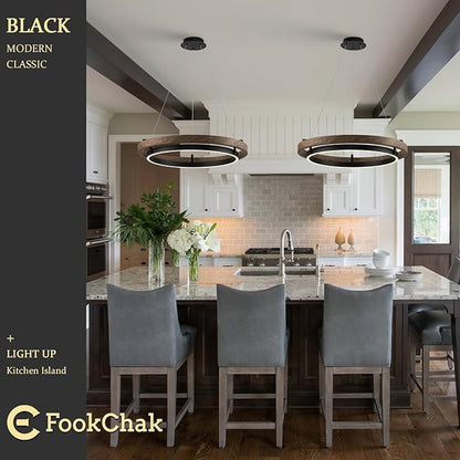 LED Ring Chandelier Modern Round LED Pendant Light 24in Walnut Wood & Black Chandelier Dimmable Ceiling Pendant Light Fixtrure for Dining Room Entry Kitchen Island Bedroom Living Room