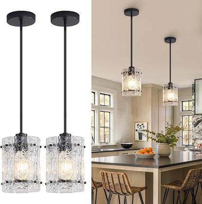 Black Glass Pendant Lights Kitchen Island, Water Ripple Round Pendant Lights Adjustable Modern Hanging Pendant Light Fixtures for Kitchen Island Dining Room Above Sink Foyer Entryway 2 Pack