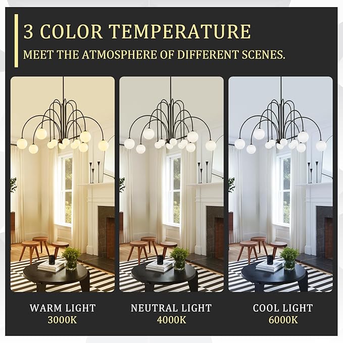 CATINER Black Sputnik Chandeliers 12 Lights Modern Chandelier for High Ceiling Large L52”Mid Century Ceiling Pendant Light Fixtures with Milk Glass Globe Shades for Living Dining Room Foyer Staircase