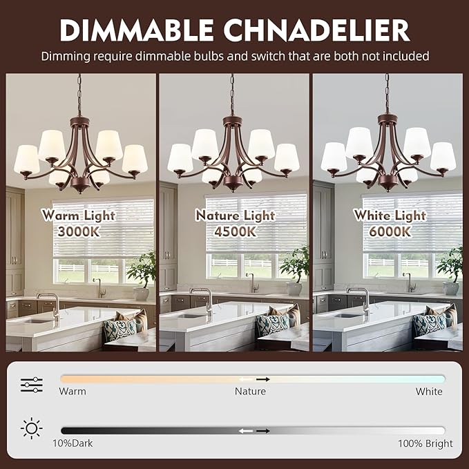 Oil-Rubbed Bronze Farmhouse Chandelier for Dining Room Hanging Lighting Fixtures 6-Light Chandelier with Frosted Glass Shade, Rustic Pendant Light for Kitchen Island Adjustable Height 47.2’’