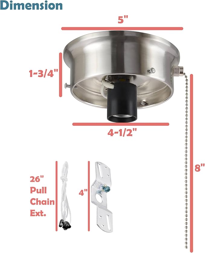 Aspen Creative 22104-09-1, Flush Mount Ceiling Fixture Shade Holder Kit with On/Off Pull Chain Switch in Brushed Nickel Finish 4-1/2" Fitter, 5" Diameter x 1-3/4" Height