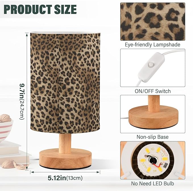 Bedside Table Lamp Vintage Animal Leopard Print Nightstand Lamp with Wood Desk Lamps for Bedroom Living Room Nursery Office Home Decor