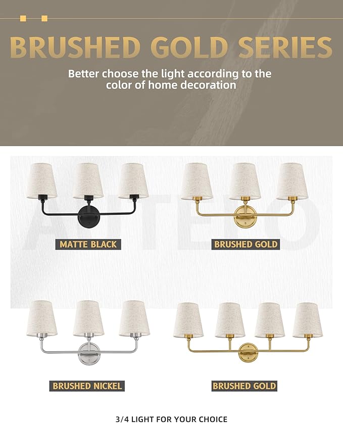 AUTELO Gold Vanity Light, 4 Light Bathroom Vanity Light with Fabric Linen Shade, Lighting Fixtures Over Mirror, Vanity Light Fixture for Bathroom Dressing Room, W2664-4 BG