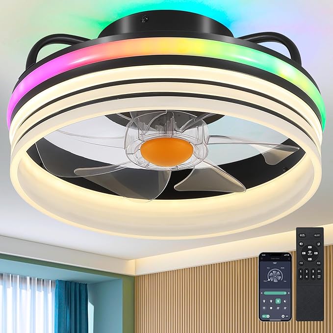 Mpayel Flush Mount Ceiling Fan with Light - Small Low Profile Ceiling Fan,13" RGB Dimmable LED Bladeless Ceiling Fans, Modern Enclosed LED-RGB Ambient Light for Bedroom, Kids Room, Party