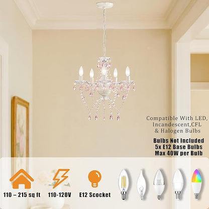 Small Pink and White Girls Bedroom Light – 5-Light Modern Acrylic Crystal Ceiling Fixture, Mini Chandelier for Kids Room, Dining Room, Living Room, Foyer