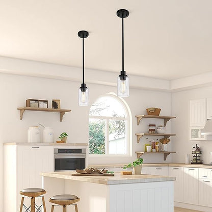 MELUCEE 2-Pack Pendant Light Black Adjustable Hanging Light Fixtures Ceiling with Clear Glass Shade, Set of Two Mini Pendant Lighting for Kitchen Island Hallway Porch Corridor