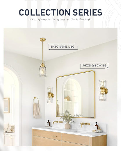 Gold Wall Sconces, HWH Single Wall Vanity Light Fixture for Bathroom Living Room Bedroom, Bathroom Wall Sconces with Bell-Shaped Clear Glass, Gold Finish, 5HZG106B-2W BG