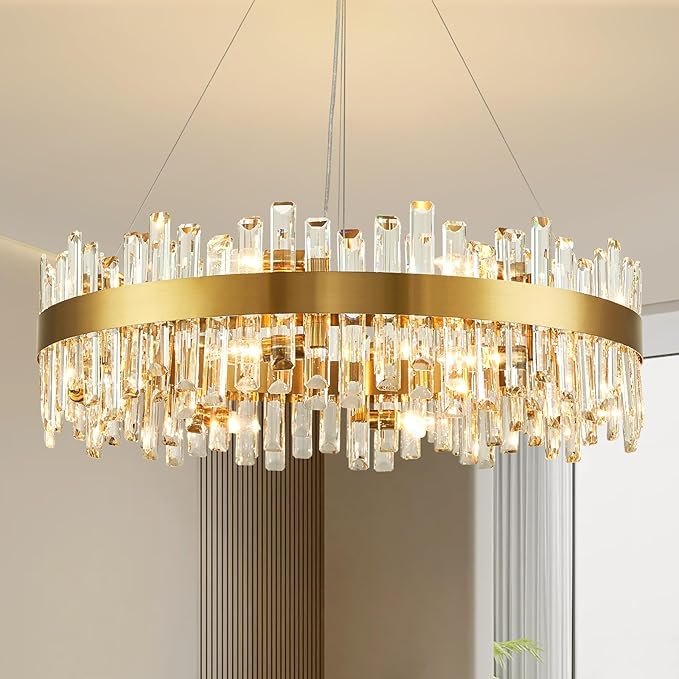 16-Light Modern Crystal Chandelier, Large Gold Round 2-Tiers K9 Crystal Chandelier, Luxury Flush Mount Crystal Pendant Ceiling Light for Dining Living Room Entryway Foyer D31.5''