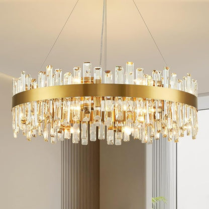 16-Light Modern Crystal Chandelier, Large Gold Round 2-Tiers K9 Crystal Chandelier, Luxury Flush Mount Crystal Pendant Ceiling Light for Dining Living Room Entryway Foyer D31.5''