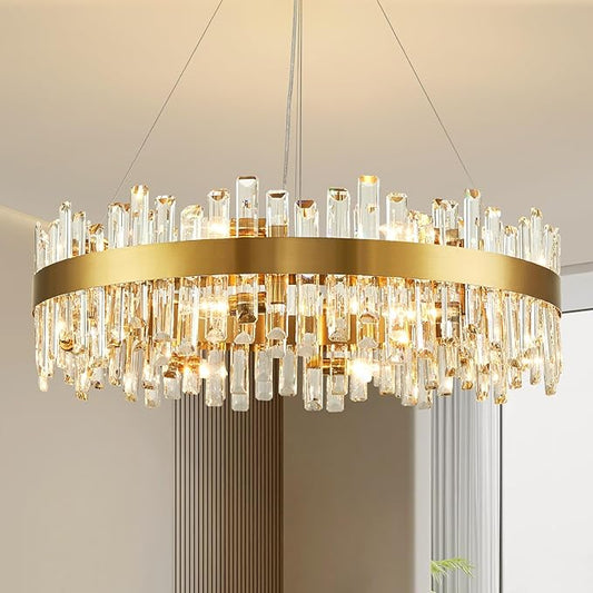 16-Light Modern Crystal Chandelier, Large Gold Round 2-Tiers K9 Crystal Chandelier, Luxury Flush Mount Crystal Pendant Ceiling Light for Dining Living Room Entryway Foyer D31.5''