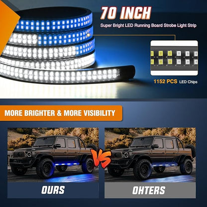 Nilight 2PCS 70 Inch Emergency Strobe Light Strip 1125 LED Running Board Lights Blue White Flexible Side Flashing Warning Caution Safety Waterproof for Truck Construction Vehicles Pickup