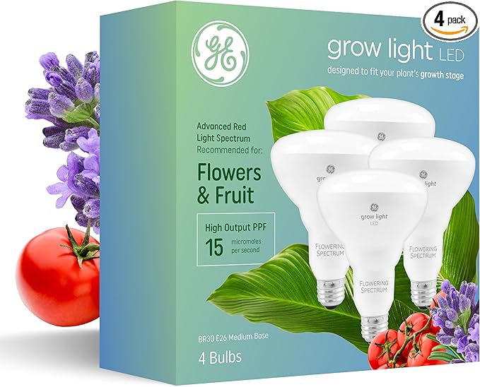 GE Grow Lights for Indoor Plants, BR30 Indoor Floodlight, LED Light Bulbs for Flowers and Fruit, Advanced Red Light Spectrum, 25,000 Hours Lifespan, 15 PPF, 4 Pack (Packaging May Vary)