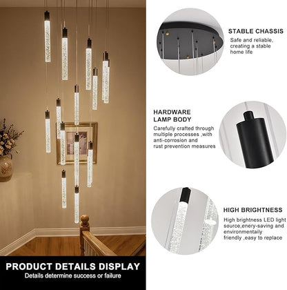 GEADI Modern LED High Ceiling Chandelier with Remote Control,16 Lights Crystal Foyer Chandeliers for High Ceilings,Black Dimmable Long Pendant Light for Staircase Entryway Living Room