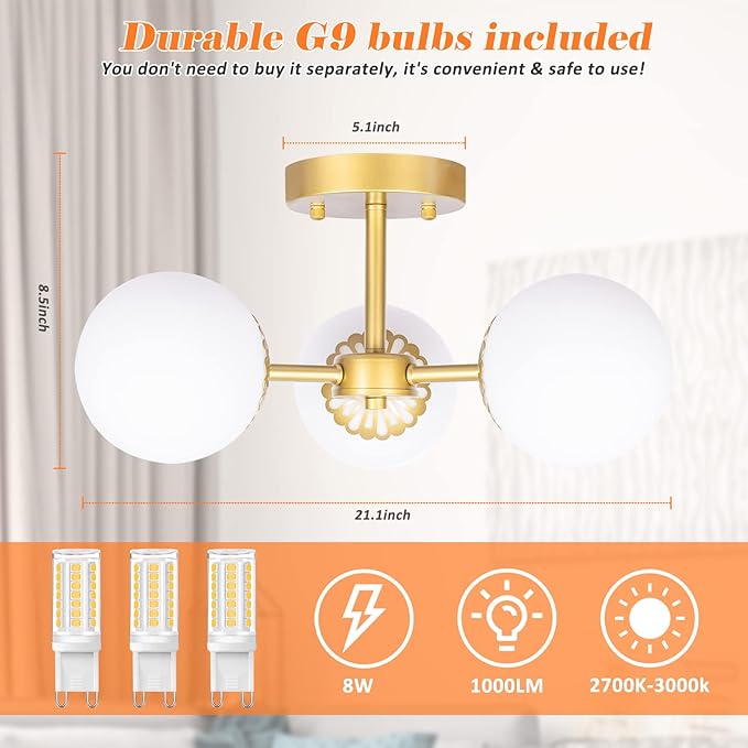 3 Lights Gold Chandelier Mid Century Modern Light Fixture, Gold Semi Flush Mount Ceiling Light with Frosted Globe Glass for Living Room, Bedroom, Nursery Room & Office Ceiling Light (Bulbs Included)