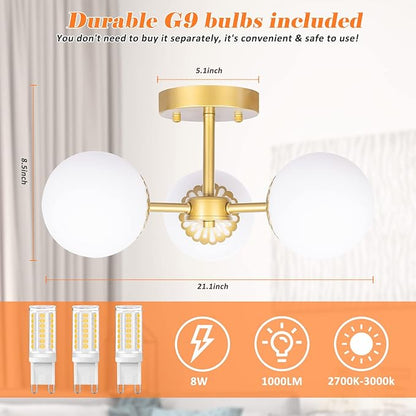 3 Lights Gold Chandelier Mid Century Modern Light Fixture, Gold Semi Flush Mount Ceiling Light with Frosted Globe Glass for Living Room, Bedroom, Nursery Room & Office Ceiling Light (Bulbs Included)