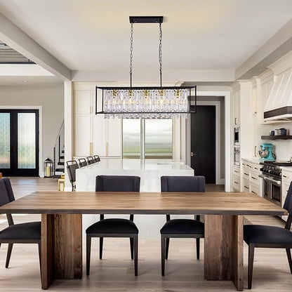 Crystal Chandeliers for Dining Room, Modern Black Chandelier for Living Room, Adjustable Height, 5-Light Pendant Light Fixture, Rectangle Lighting for Kitchen Island Living Room-L35.4"