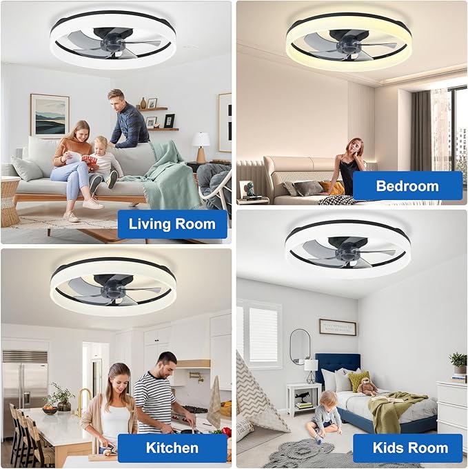 DLLT Bladeless Ceiling Fan with Light: 20" Modern Low Profile Flush Mount Fandelier with App & Remote Control - Black Dimmable LED Ceiling Fans for Bedroom Kids Room Living Room