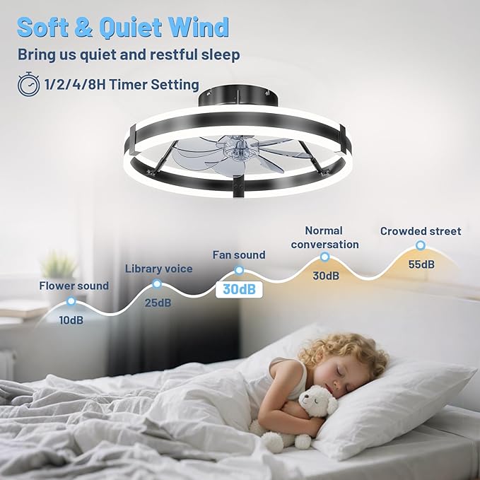 Low Profile Bladeless Ceiling Fan with Lights & Remote - 19.7" Flush Mount Fandelier Light Fan for Bedroom/Kitchen, 3000-6000K Dimmable LED, 6-Speed Modern Fan with Lights for Home/Office