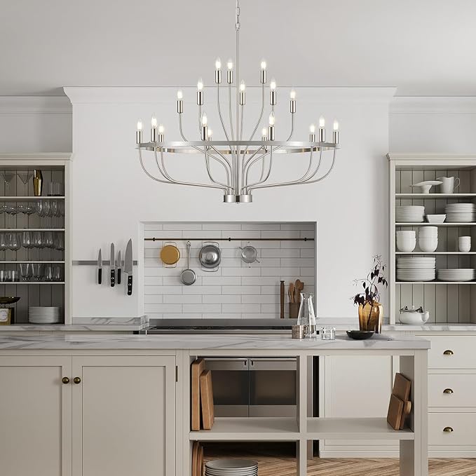 18-Light Brushed Nickel Chandelier, 39.4" Large Candle Chandeliers Modern Mid Century Classic Chandelier Light Fixture for Large Living Room Dining Room Stairs Entry Restaurant Hotel