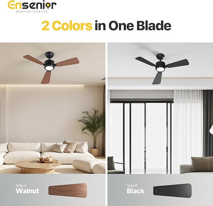 Ensenior 42 Inch Ceiling Fans with Lights and Remote, Small Bedroom Ceiling Fan with 3 Reversible Blades (Black/Wood), Quiet DC Motor, 6 Speeds, 3 Color, Memory Function, Modern Fan for Home, Black