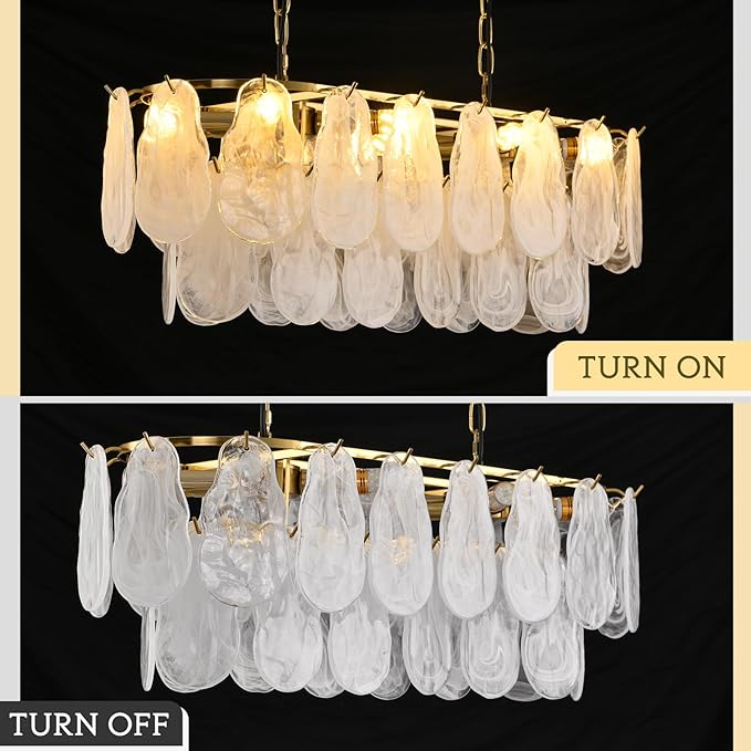 KELUOLY Gold Rectangle Chandeliers for Dining Room Modern Island Light Crystal Cloud Glass 8-Light Chandelier 2 Tier Rectangular Linear Pendant Hanging Ceiling Light Fixture for Kitchen L31.5” (E12)